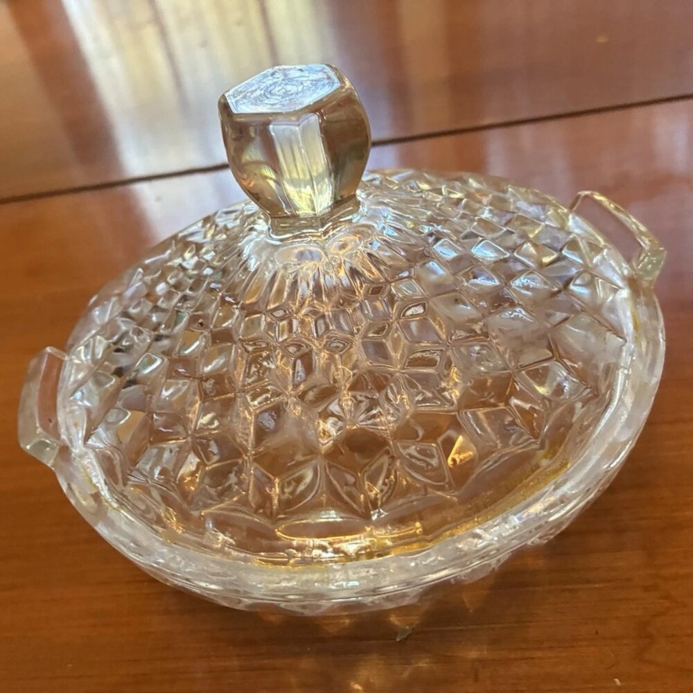 Vintage Fostoria American Clear Glass Lidded Preserve Dish 2056 Cube Pattern